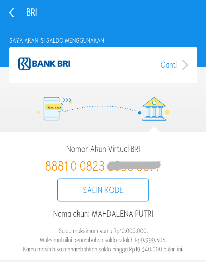 no virtual account dana ke BRI