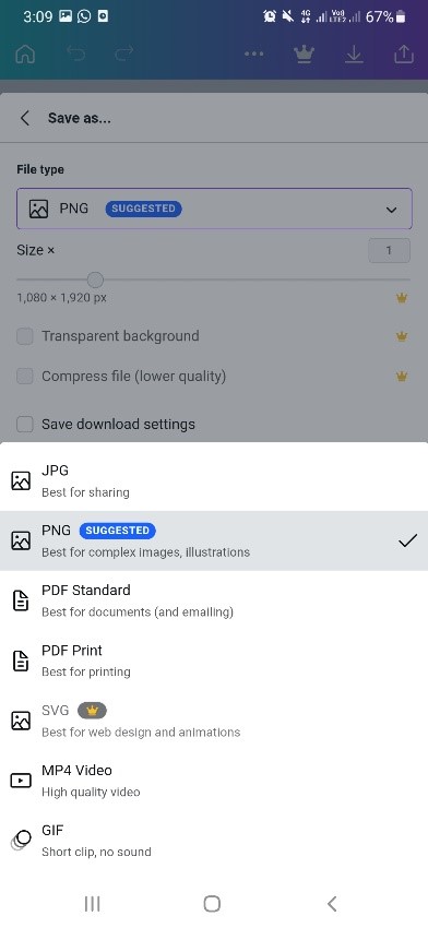 Pilih jenis file karya desain canva yang telah dibuat