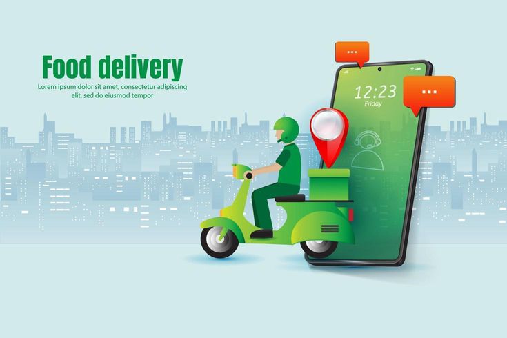 food delivery app on a smartphone tracking a delivery man service vector illustration with scooter mobile box pin and message icon E commerce on city background concept